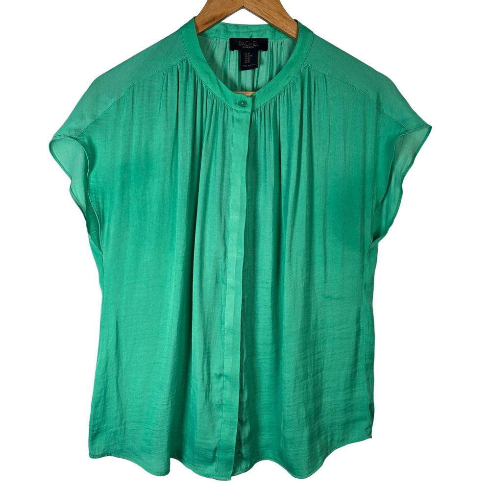 Rachel Roy Green Blouse Top Women's Medium M Cap Sleeve Button‎ Down